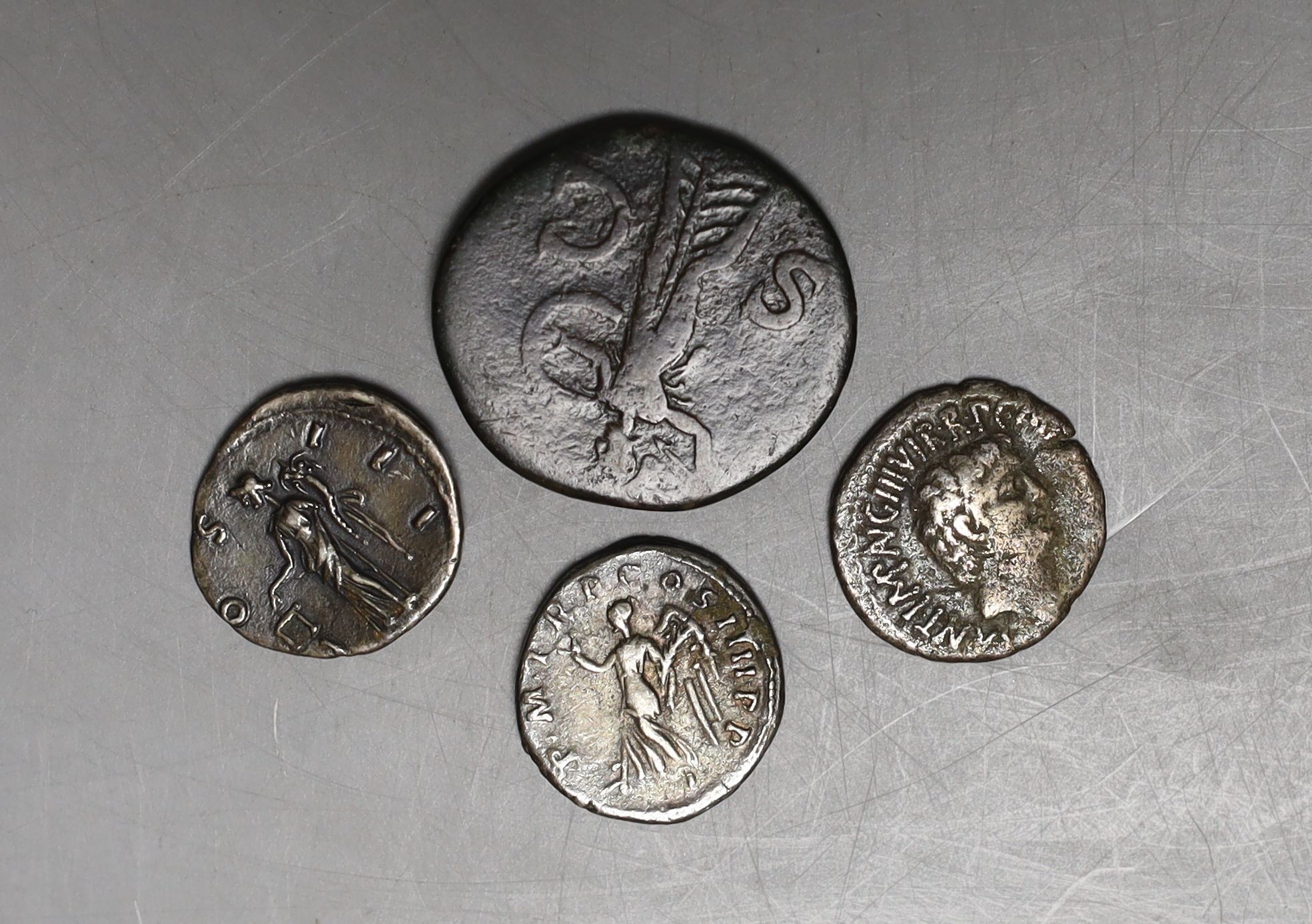 Three Roman AR denarius - Hadrian etc, and a Claudius AE as (4)